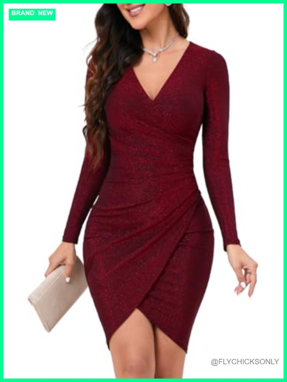 Women's Glitter Party Dress Long Sleeve Faux Wrap Ruched Bodycon Club Dress